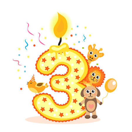 Happy Third Birthday Candle and Animals Isolated on white. The number three. Vector illustrationのイラスト素材