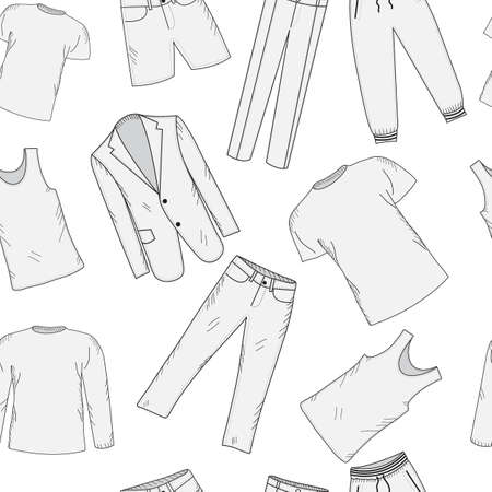 Clothing set seamless pattern sketch. Men's clothes, hand-drawing style. Men's Clothing, background. Men's clothes vector illustration.のイラスト素材