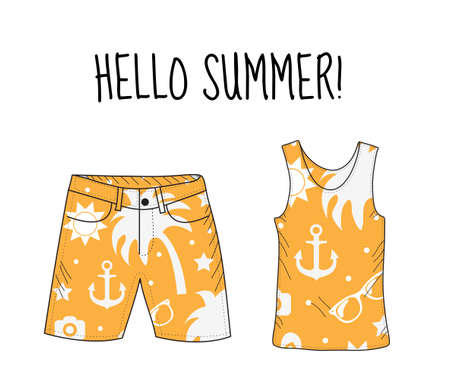 Hello summer T-shirt and shorts with beach print. Summer, beach theme. T-shirt and shorts, summer clothes. Vector illustration.のイラスト素材