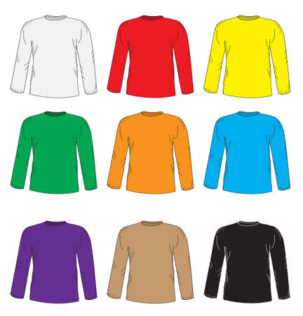 Men's t shirts design template set. Multi-colored T-shirt with long sleeves. Hand drawing style. mockup shirts. Vector illustrationのイラスト素材