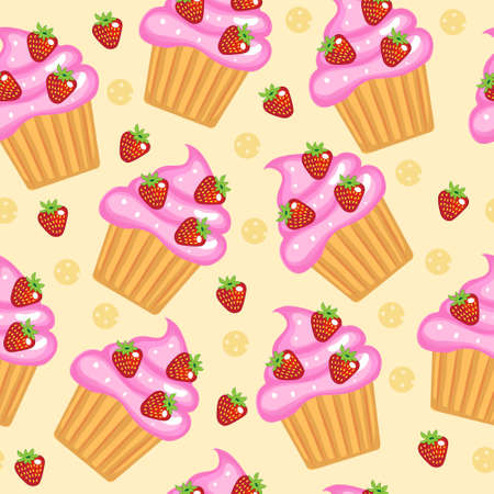 Muffins, cupcakes seamless texture. Delicious Cake background. Baby, Kids wallpaper and textiles. Vector illyustrationのイラスト素材