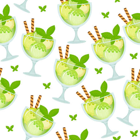 Seamless texture of ice cream dessert in a glass cup. Milk shake background. Kids Wallpaper sweet ice cream. Vector illustration.のイラスト素材