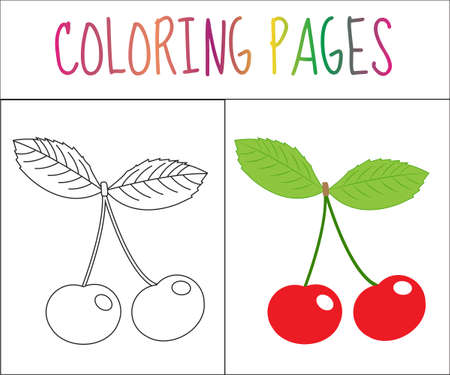 Coloring book page. Cherry. Sketch and color version. Coloring for kids. Vector illustrationのイラスト素材