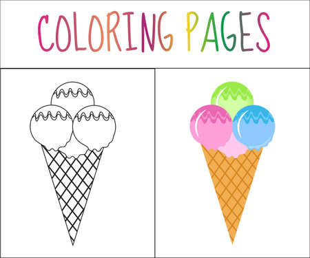 Coloring book page. Ice cream. Sketch and color version. Coloring for kids. Vector illustrationのイラスト素材