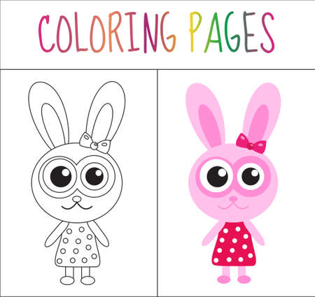 Coloring book page. Bunny, rabbit. Sketch and color version. Coloring for kids. Vector illustrationのイラスト素材