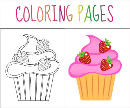Coloring book page. Cupcakes, cake. Sketch and color version. Coloring for kids. Vector illustrationのイラスト素材
