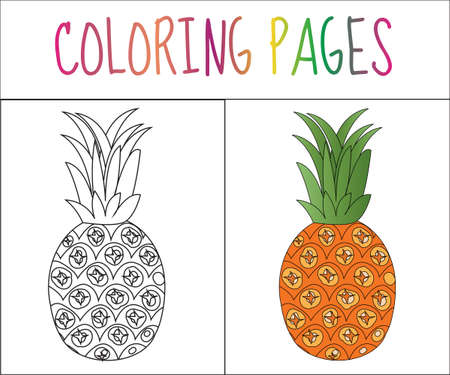 Coloring book page. Pineapple. Sketch and color version. Coloring for kids. Vector illustrationのイラスト素材