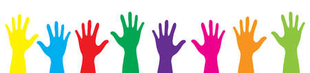 Banner color hands rise up. Vector illustrationのイラスト素材
