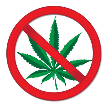 Sign of prohibition cannabis. Red sign ban marijuana. Stop drugs sign. Vector illustrationのイラスト素材