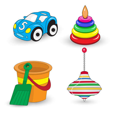Cartoon children's toys set, whirligig, pail and shovel, car, pyramid. Vector illustrationのイラスト素材