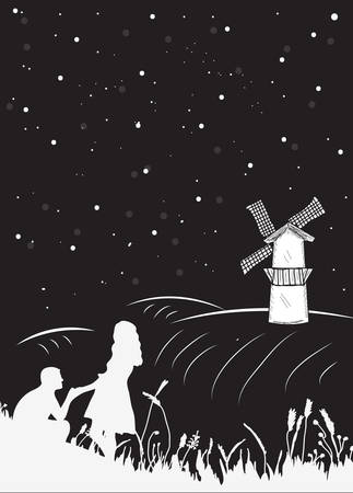 Bookcover a couple nights on the field to the mill, the starry sky. Couple romantic silhouette. Vector illustrationのイラスト素材