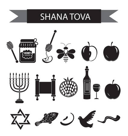 Set icons on the Jewish new year, black silhouette icon, Rosh Hashanah, Shana Tova. Cartoon icons flat style. Traditional symbols of Jewish culture. Vector illustration.のイラスト素材