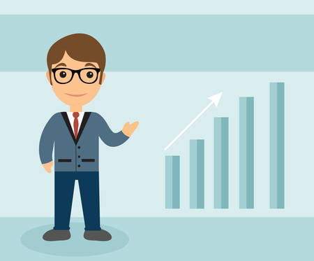 Businessman character flat style. Businessman with the scale of growth. Businessman Up Arrow. Vector illustrationのイラスト素材