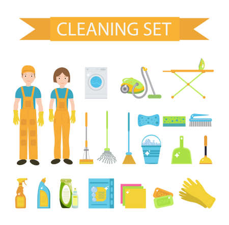 Set of icons for cleaning tools. House cleaning staff. Flat design style. Cleaning design elements. Vector illustrationのイラスト素材