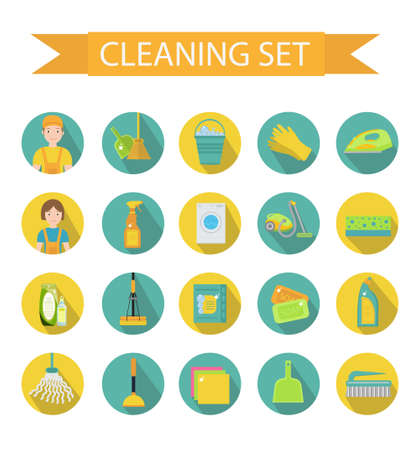 Set of icons for cleaning tools. House cleaning staff. Flat design style. Cleaning design elements. Vector illustrationのイラスト素材