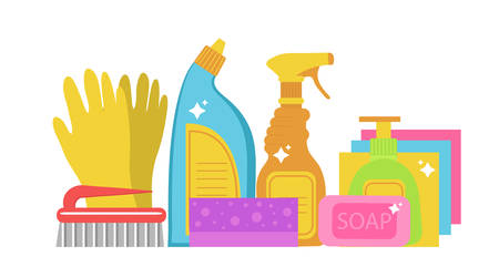 Cleaning supplies, cleaning tools set. Household chemicals. Vector illustrationのイラスト素材