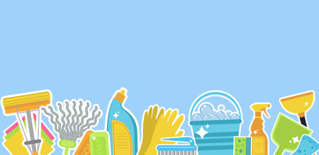 Set of icons for cleaning tools.Template for text. House cleaning staff. Flat design style. Cleaning design elements. Vector illustrationのイラスト素材