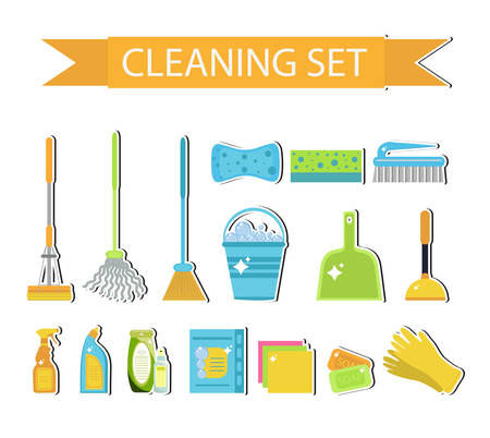 Set of icons for cleaning tools. House cleaning. Cleaning supplies. Flat design style. Cleaning design elements. Vector illustrationのイラスト素材