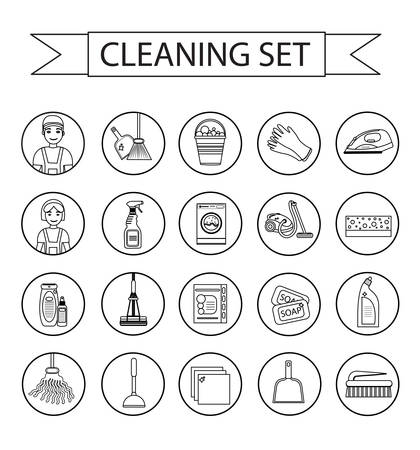 Set of icons for cleaning tools. Modern, line style. Cleaning design elements. Vector illustrationのイラスト素材