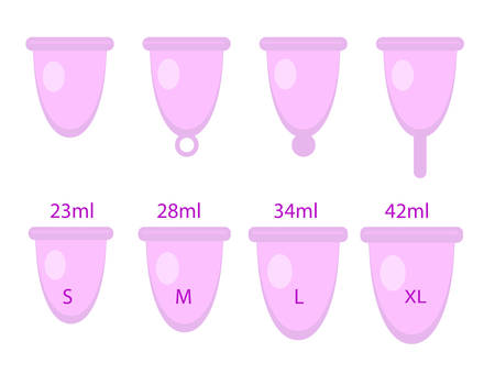 Menstrual cup set. Female intimate hygiene, menstruation cup. Vector illustrationのイラスト素材