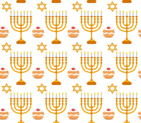 Hanukkah seamless pattern. Hanukkah background with Menorah, Sufganiyot, star of David. Happy Hanukkah Festival of Lights, Feast of Dedication seamless texture. Vector illustrationのイラスト素材