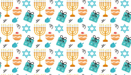 Hanukkah seamless pattern. Hanukkah background with Menorah, Sufganiyot, Dreidel. Happy Hanukkah Festival of Lights, Feast of Dedication seamless texture. Vector illustrationのイラスト素材