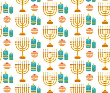Hanukkah seamless pattern. Hanukkah background with Menorah, Sufganiyot, candles. Happy Hanukkah Festival of Lights, Feast of Dedication seamless texture. Vector illustrationのイラスト素材