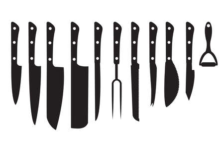 Knife Set black silhouette. Set of different knifes black silhouette icons isolated on white background. Set blade icon design element. Vector illustration;のイラスト素材