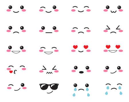 Japanese set emotions. Set Japanese smiles. face on a white background. Cute Collection emotions anime style. Anime Smiles setのイラスト素材