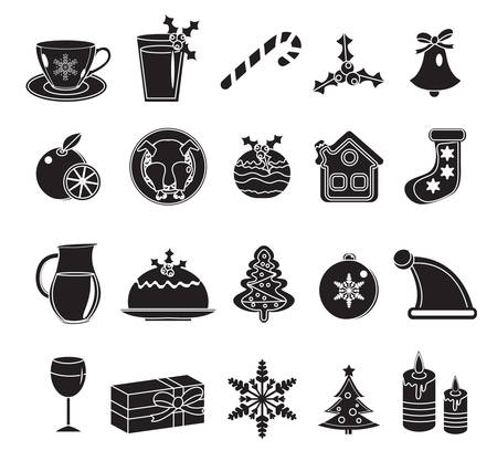 Christmas black silhouette icons set. Set of traditional christmas symbols. Christmas design elements.Vector illustrationのイラスト素材