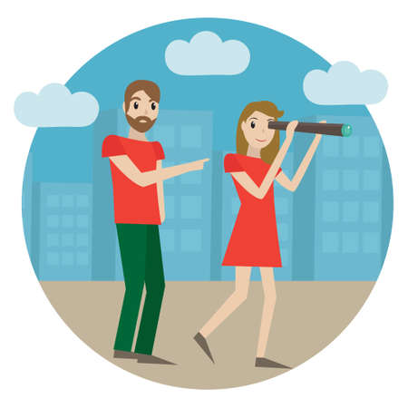 Guides in the city, tour guide. Girl looks into a telescope, man shows the way, landmarks, concept. Tourism icon. Guide service. Vector illustrationのイラスト素材