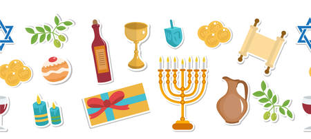 Happy Hanukkah seamless poster. Happy Hanukkah greeting card, flyer, invitation. Hanukkah is a Jewish holiday. Greeting Card with Menorah, Sufganiyot, Dreidel. Vector illustrationのイラスト素材