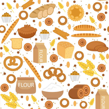 Bakery seamless pattern. Flat style. Bread and buns texture. Flour products endless background. bread and pastry backdrop. Vector illyustrationのイラスト素材