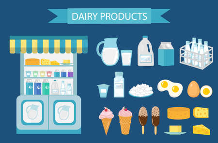 Milk products icon set, flat style. Milk products isolated on white background. Milk and cheese showcase, store shelf. Farm foods. Vector illustrationのイラスト素材