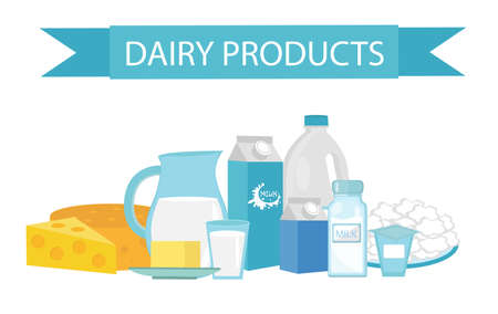 Milk products still-life. Flat style. Dairy products isolated on white background. Milk and cheese. Farm products. Vector illustrationのイラスト素材