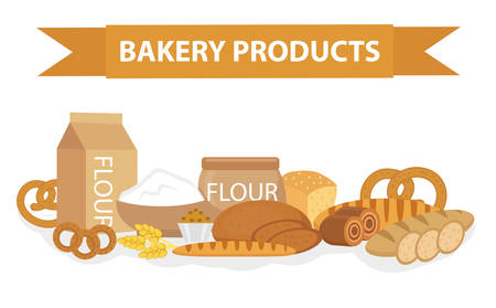 Bakery products still-life, flat style. Set of different bread banner. Vector illustration.のイラスト素材