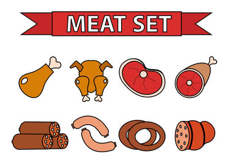Meat and sausages icon set, modern line style. Fresh meat set isolated on a white background. Meat products, food. Vector illustrationのイラスト素材