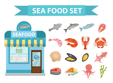 Seafood icons set vector, flat style. Sea food collection isolated on white background. Fish products illustration, design element. Fish store building, showcaseのイラスト素材