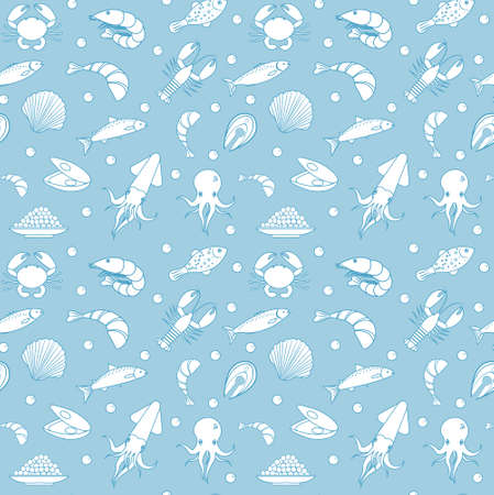 Sea life seamless pattern. Seafood seamless pattern. Underwater endless background, texture. Hand drawing, sketch, line, doodle style. Vector illustrationのイラスト素材