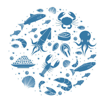 Seafood icons set in round shape,silhouette. Sea food collection isolated on white background. Fish products, marine meal design element. Vector illustrationのイラスト素材
