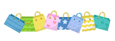 Cute shopping bag banner. Colorful shopping bags with different design board. Paper bags with space for text. Gift package. Vector Illustrationのイラスト素材