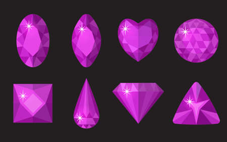 Purple gems set. Jewelry, crystals collection isolated on black background. Precious stones of different shapes, cut. Colorful purple gemstones. Realistic, cartoon style. Vector illustration, clip artのイラスト素材