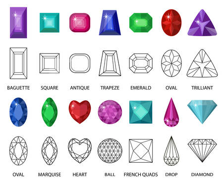 Gems and cut line set. Different facets for crystals. Jewelry collection isolated on white background. Diamonds cut. Realistic, cartoon style. Vector illustration, clip artのイラスト素材
