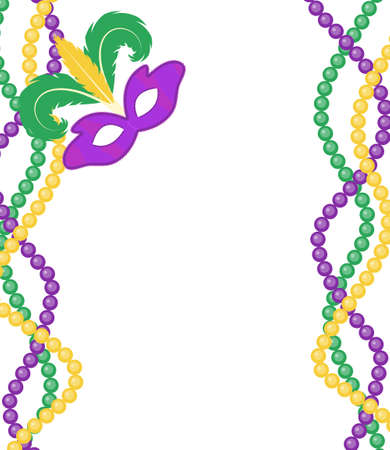 Mardi Gras beads colored frame with a mask, isolated on white background. Mardi Gras template poster. Vector illustrationのイラスト素材