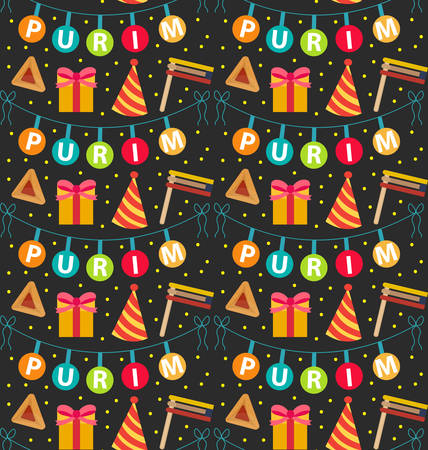 Purim seamless pattern with carnival elements. Happy Purim Jewish festival, carnival, endless background, texture, wallpaper. Vector illustrationのイラスト素材