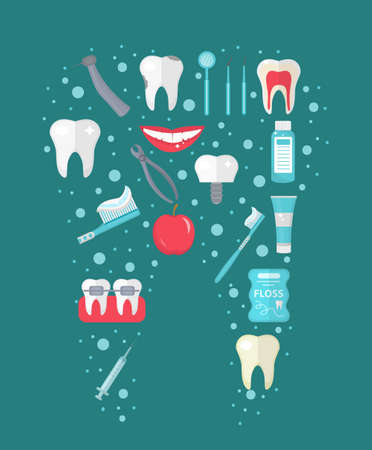 Dental icon set in tooth form, flat style. Stomatology kit .Dentistry collection of design elements....