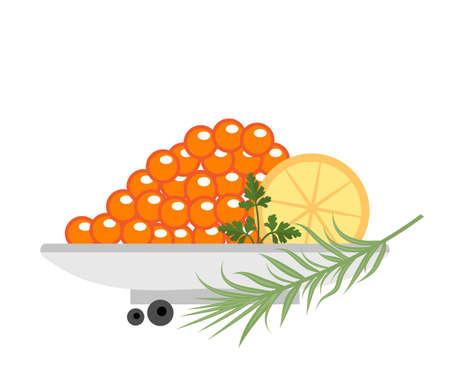 Red caviar in a plate with lemon and green icons. Flat style, isolated on white background. Vector illustration, clip artのイラスト素材