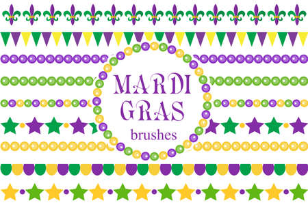 Mardi Gras borders set . Cute beads, fleur de lis ornaments, garland. Isolated on white background. Vector illustrationのイラスト素材