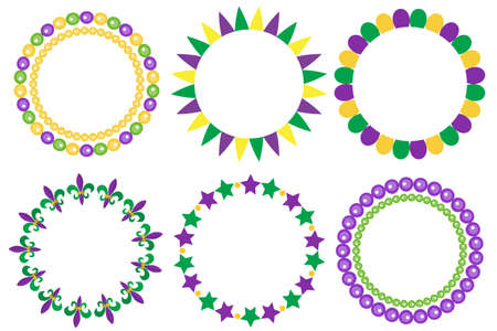 Mardi Gras frame set. Cute round border with space for text. Isolated on white background. Vector illustrationのイラスト素材