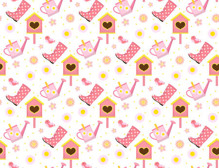 Spring seamless pattern with birds and starling house. Birdhouse endless background. Gardening texture, wallpaper. Cute kids backdrop. Vector illustrationのイラスト素材